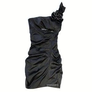 One shoulder satin black formal mini dress ruffle